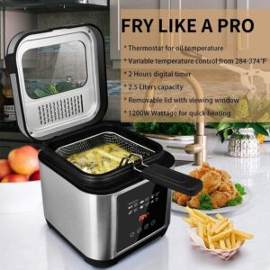 CUSIMAX Deep Fryer with Basket for Home Use,1200W Electric Fryer with LED Display Temperature Control,Removable Lid and 2.6QT Non-Stick Inner Pot,Stainless Steel,Silver