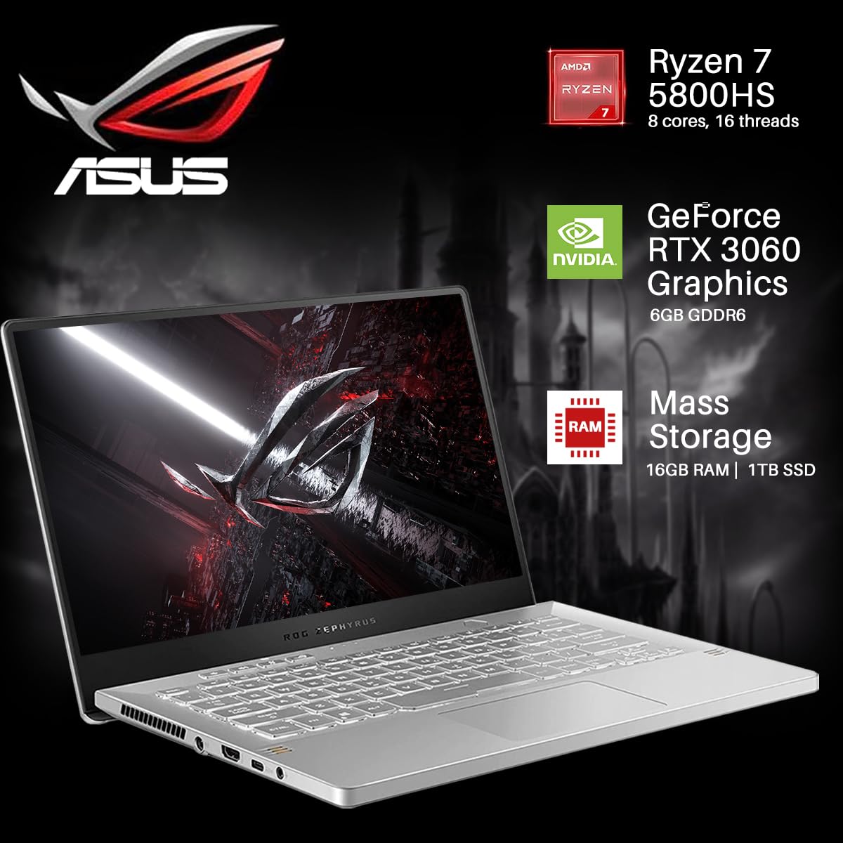ASUS ROG Zephyrus Gaming Laptop 2023 Newest, 14" FHD 144HZ Display, AMD Ryzen 7 5800HS(Up to 4.4 GHz), NVIDIA GeForce RTX 3060 Graphics, 16GB RAM, 1TB SSD, Bluetooth, Wifi6, Windows 11 Home, White