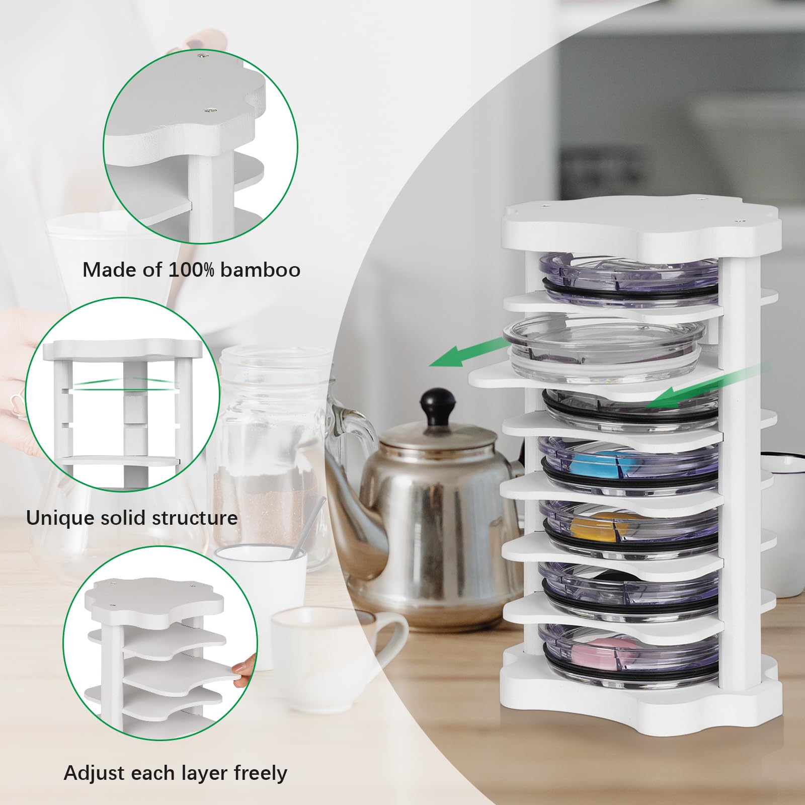 Exttlliy Tumbler Lid Organizer for Cabinet Tumbler Organizer for Kitchen Cabinets Bamboo Cup Lid Organizer for Water Bottles Tumbler Lid Holder Storage Rack for Countertop Cabinets Pantry (White)