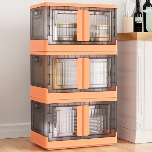 BROVIEW V6 Storage Bins with Lids, 102 QT Stackable Storage Bins with Wheels, Collapsible Storage Bins with Doors, Folding Storage Cabinets for Closet, Home Office Dorm Organizer Essential, Orange