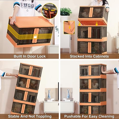 BROVIEW V6 Storage Bins with Lids, 102 QT Stackable Storage Bins with Wheels, Collapsible Storage Bins with Doors, Folding Storage Cabinets for Closet, Home Office Dorm Organizer Essential, Orange