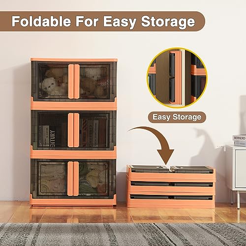 BROVIEW V6 Storage Bins with Lids, 102 QT Stackable Storage Bins with Wheels, Collapsible Storage Bins with Doors, Folding Storage Cabinets for Closet, Home Office Dorm Organizer Essential, Orange