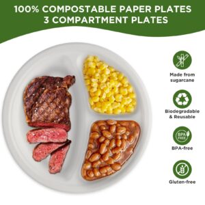 Disposable Paper Plates 9 Inch with 3 Compartment [125 Pack]-100% Compostable Heavy Duty Plates, Biodegradable Paper Plates Made from Sugar Cane Fibers, for Parties, Daily Meals, Dinners, BBQ (White)