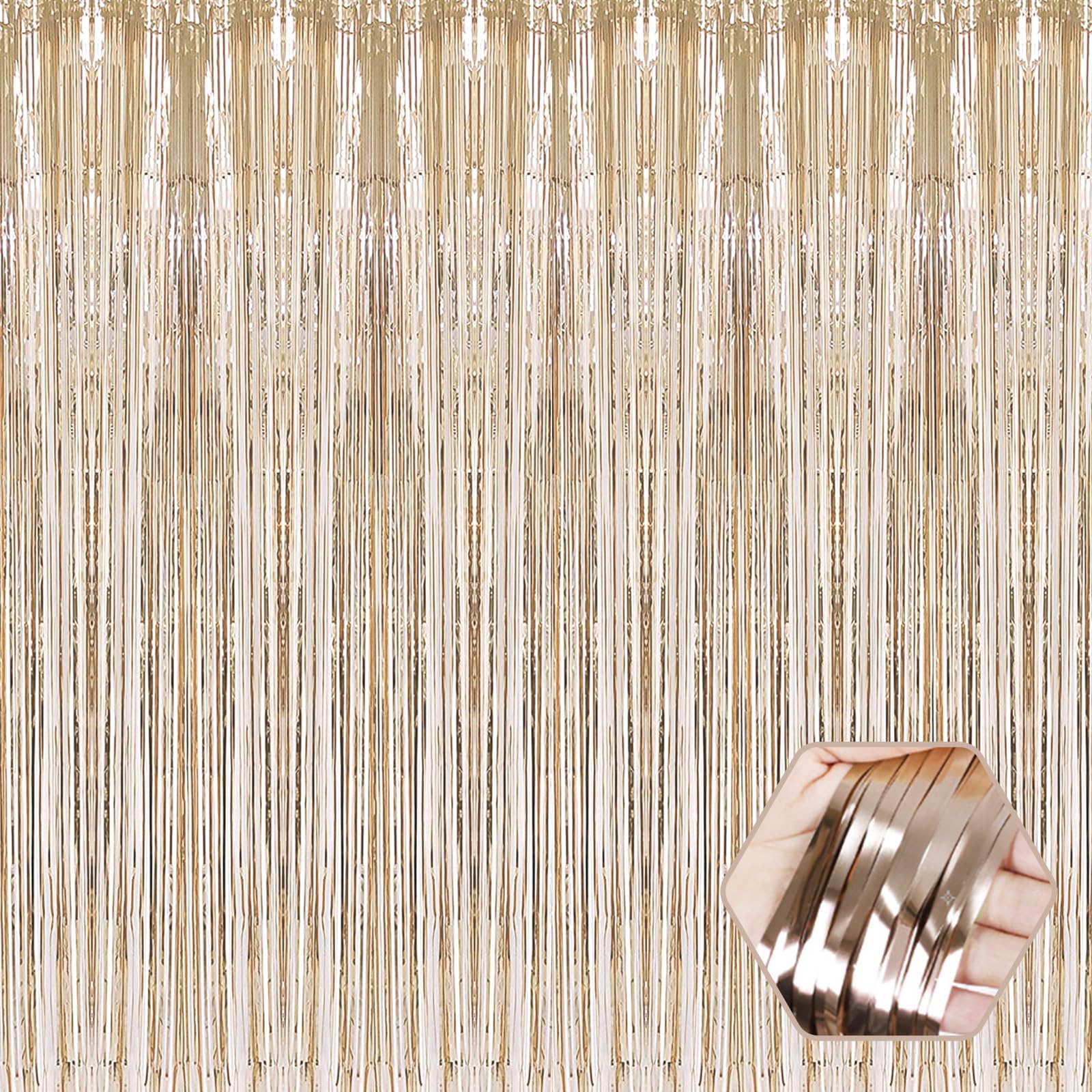 3 Pack Champagne Gold Foil Fringe Curtain Backdrop, 3.28Ft x 8.2Ft Metallic Tinsel Foil Fringe Streamer Curtains for Photo Booth, Valentine's Day， Wedding, Birthday, New Year Party Decorations