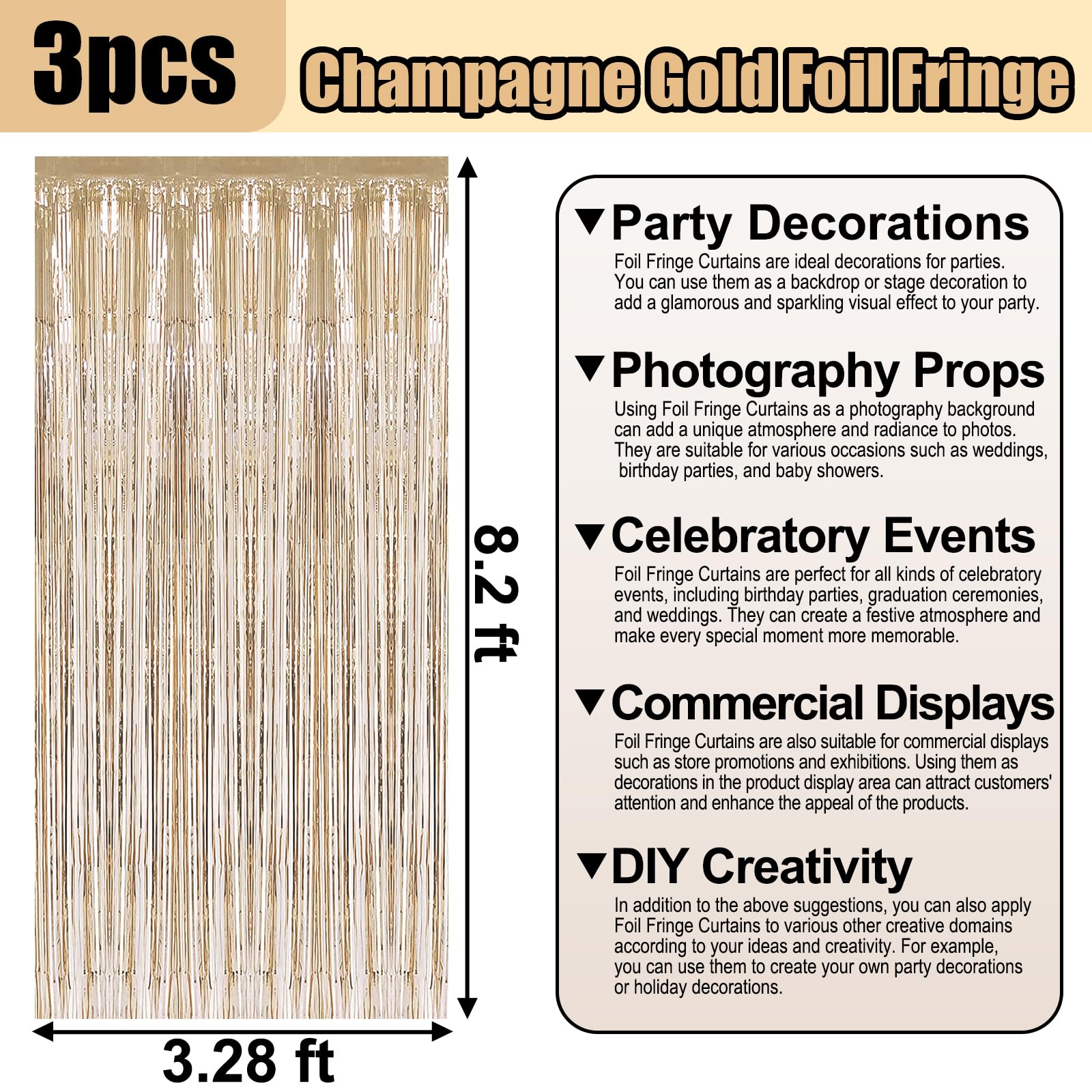 3 Pack Champagne Gold Foil Fringe Curtain Backdrop, 3.28Ft x 8.2Ft Metallic Tinsel Foil Fringe Streamer Curtains for Photo Booth, Valentine's Day， Wedding, Birthday, New Year Party Decorations