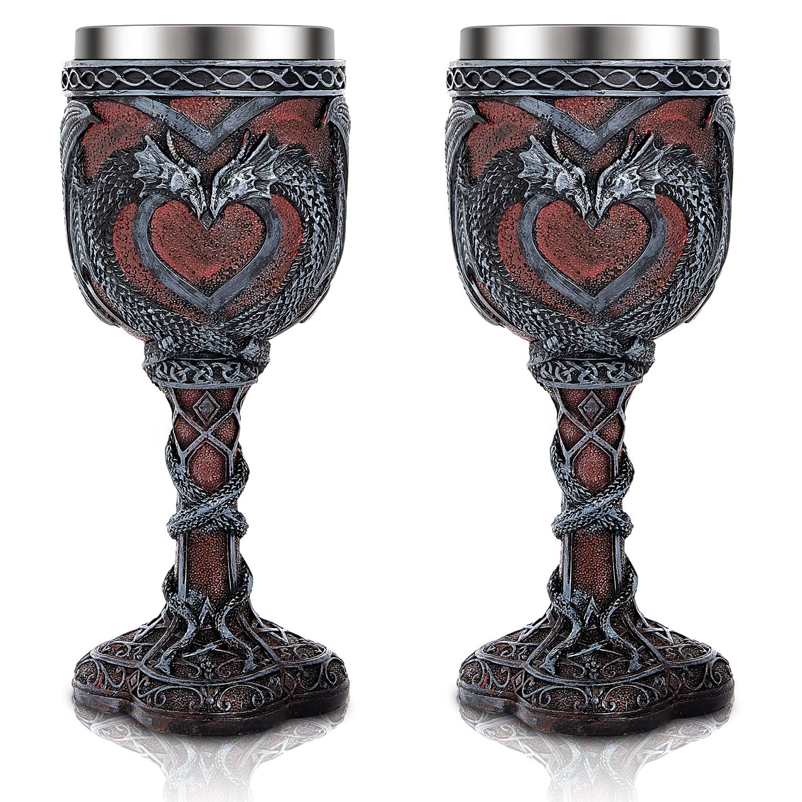 Jinei 2 Pcs Medieval Dragon Wine Goblet Valentines Dragons Wine Chalice 7 oz Resin Dragon Cup Gothic Wine Glass Romantic Stainless Steel Drinking Cup for Wedding Girlfriend Wife Presents(Classic)