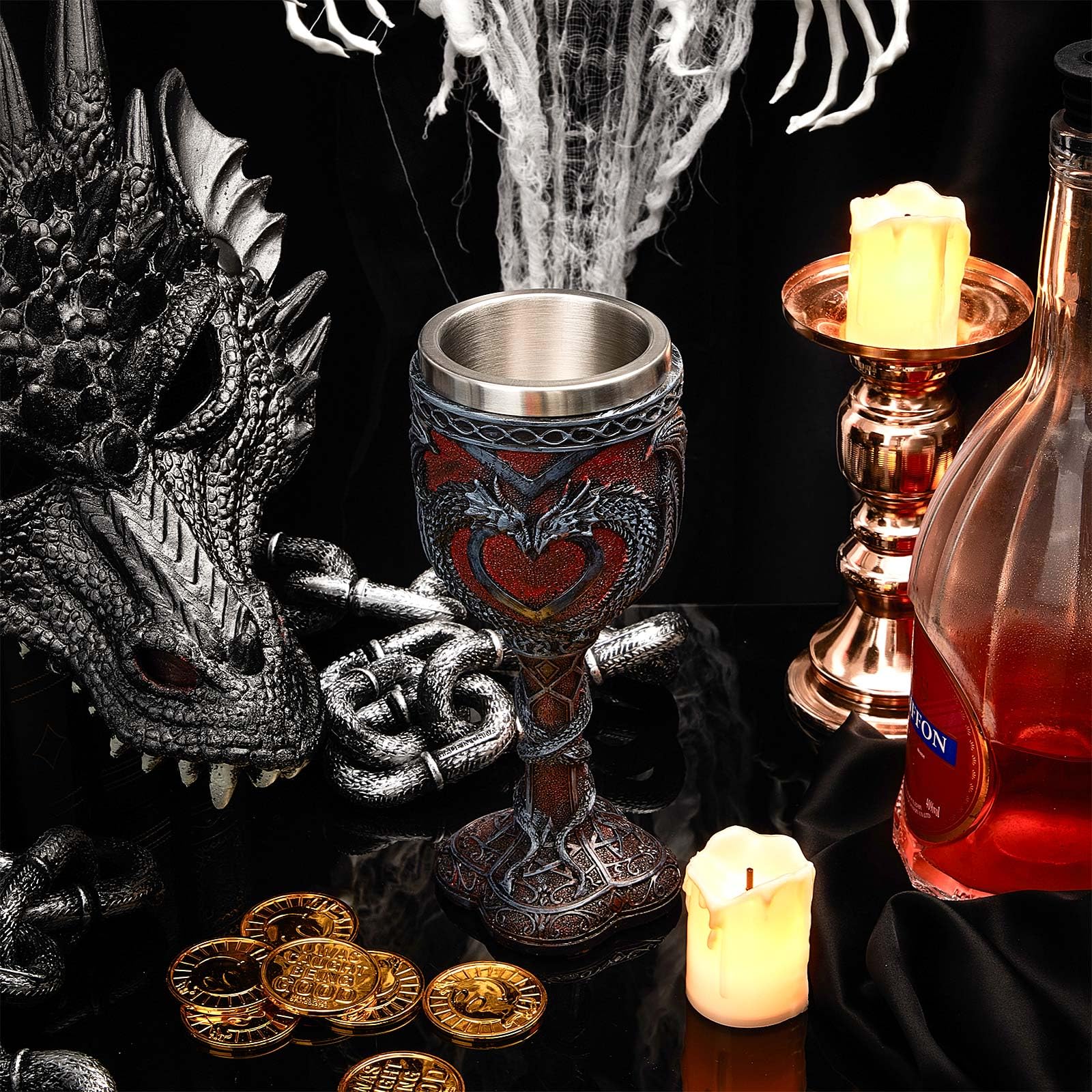 Jinei 2 Pcs Medieval Dragon Wine Goblet Valentines Dragons Wine Chalice 7 oz Resin Dragon Cup Gothic Wine Glass Romantic Stainless Steel Drinking Cup for Wedding Girlfriend Wife Presents(Classic)