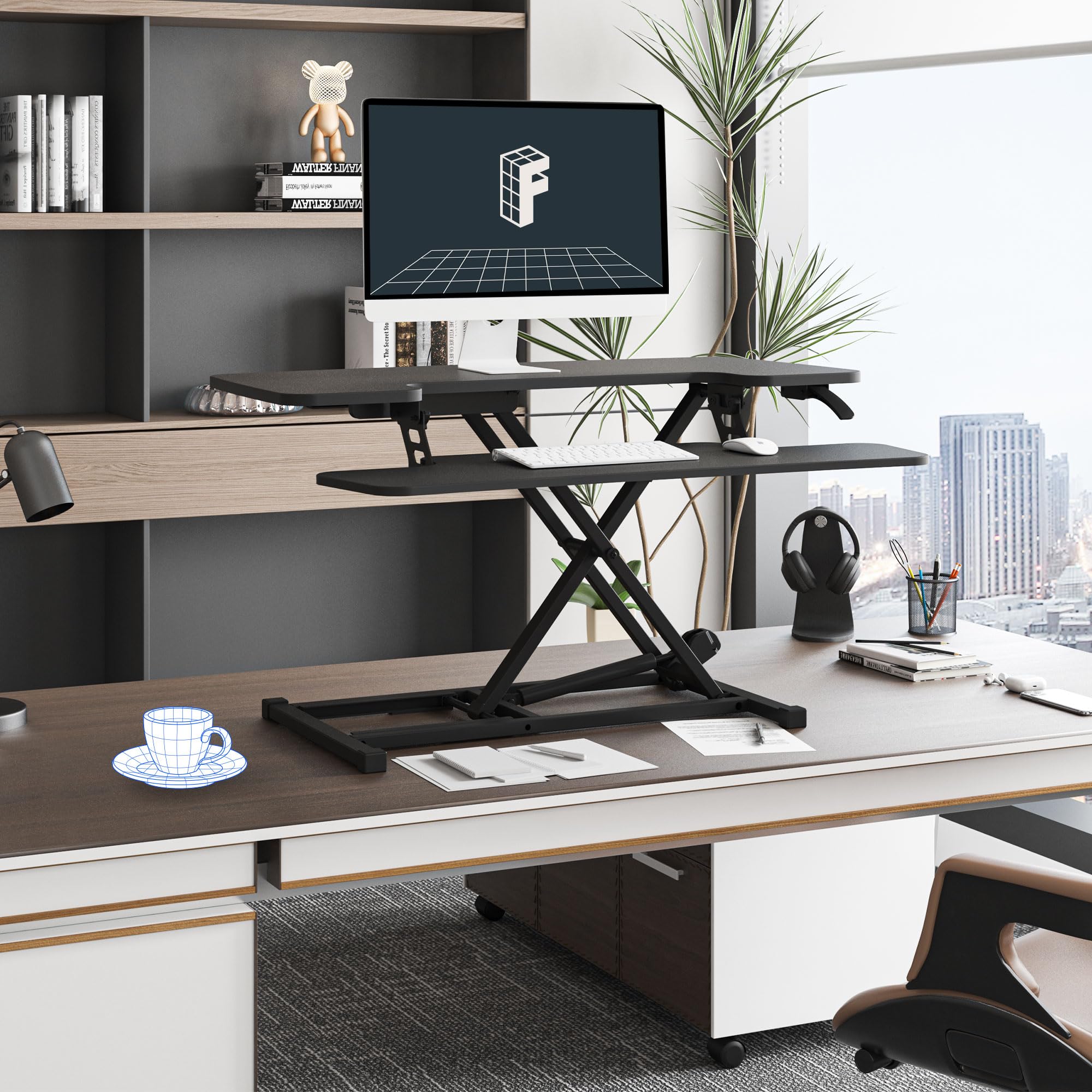 FLEXISPOT 35in Standing Desk Converter Height Adjustable Sit to Stand up Desk Riser Computer Workstation with Keyboard Tray Wide 2-Tier Desktop Black