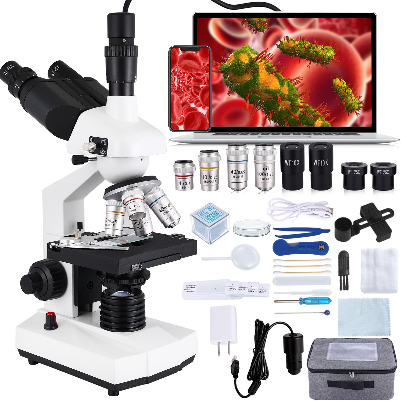 Poothoh Compound Trinocular Microscope, 40X-5000X Magnification, Research Grade Professional Microscope with USB Camera and Mechanical Stage, Microscope for Adults