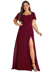 ever-pretty plus women's curve elastic back sweetheart high slit a-line maxi semi formal dresses with sleeves burgundy us18