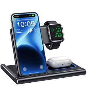 wireless charger, 3 in 1 wireless charging station for multiple devices,wireless charging stand for iphone15 14 13 12 11 series, airpods pro 3 2 & apple watch [ul-listed] (black)