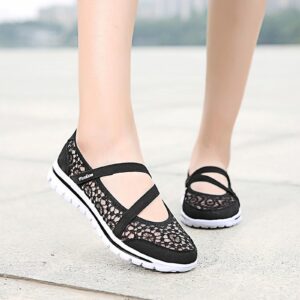 Women's Lace Mesh Adjustable Breathable Flat Walking Shoes Casual Non-slip Lightweight Sneakers Comfortable Slip-On Shallow Mouth Mom Shoes Nurse Working Shoes Mary Jane Shoes (Black,7.5,Female)