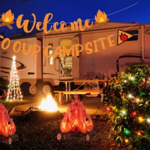 Camping Themed Party Decorations,Pre-strung Glitter Welocme to Our Campsite Banner with 3D Campfire,Camping Decor Camp Out Bachelorette Party Decorations Supplies