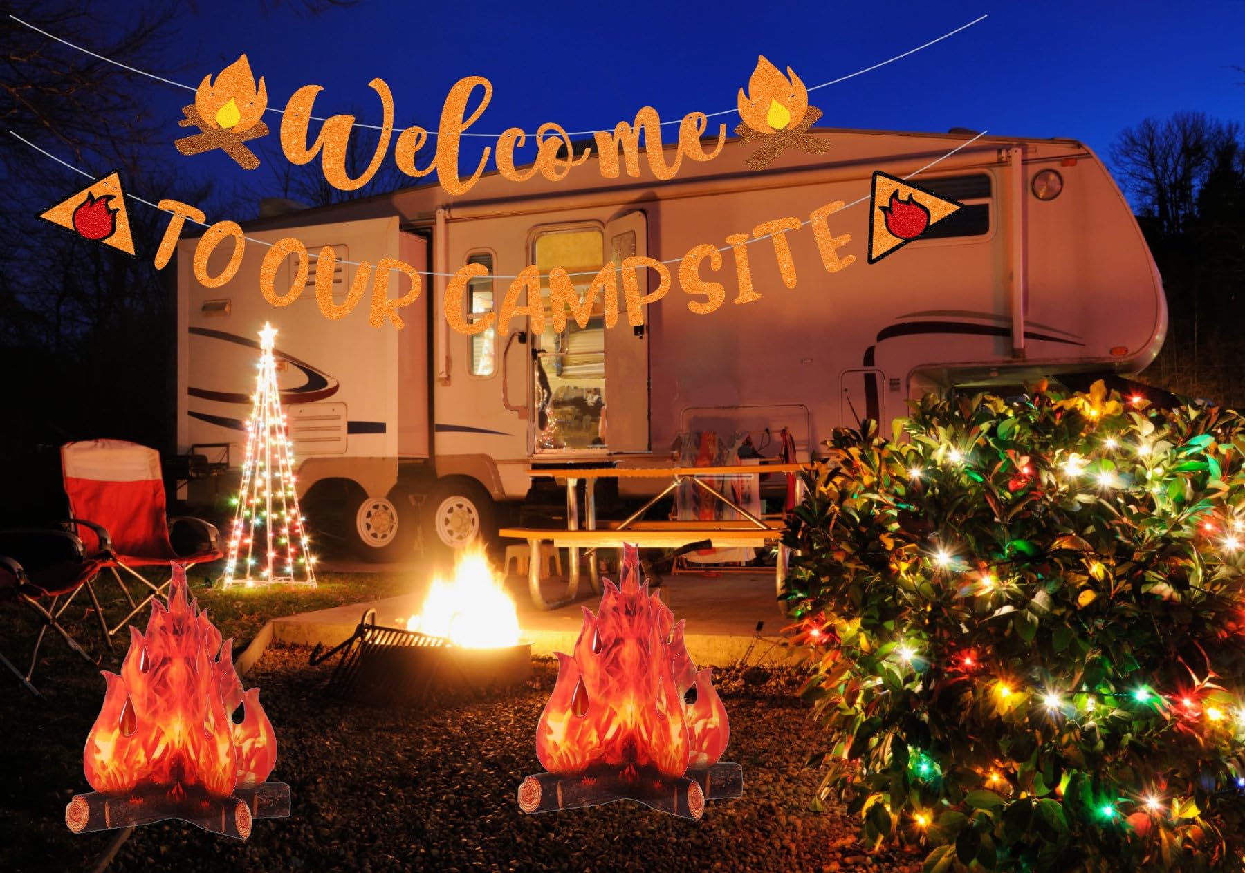 Camping Themed Party Decorations,Pre-strung Glitter Welocme to Our Campsite Banner with 3D Campfire,Camping Decor Camp Out Bachelorette Party Decorations Supplies