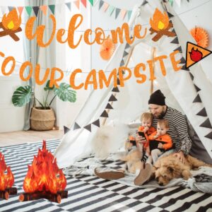 Camping Themed Party Decorations,Pre-strung Glitter Welocme to Our Campsite Banner with 3D Campfire,Camping Decor Camp Out Bachelorette Party Decorations Supplies