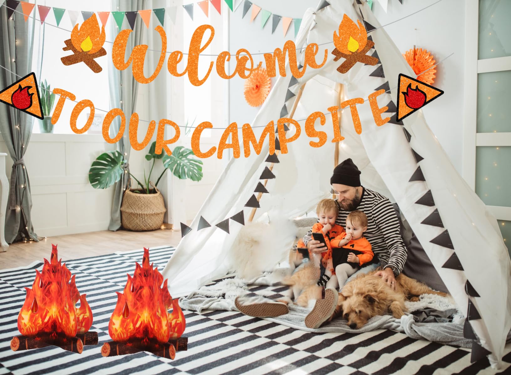 Camping Themed Party Decorations,Pre-strung Glitter Welocme to Our Campsite Banner with 3D Campfire,Camping Decor Camp Out Bachelorette Party Decorations Supplies