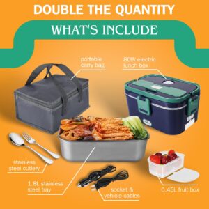 unuaST 2 Pack Electric Lunch Box 80W with 1.8L 304 Stainless Steel Container Food Heater 3 in 1 Portable Food Warmer Lunch Box for Car/Truck/Home, lunch boxes with spork & Insulated Carry Bag