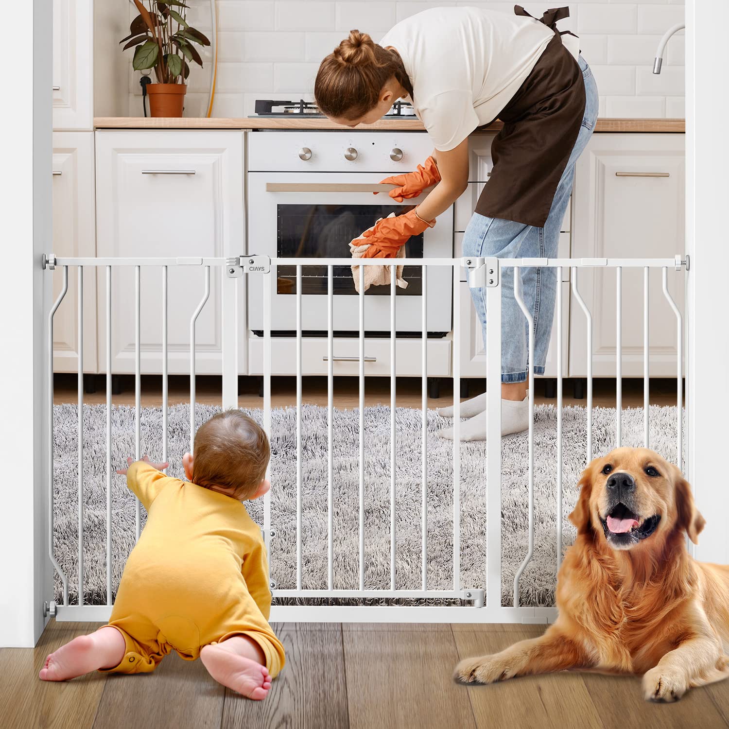 Ciays 29.5” to 57.1” Baby Gate for Stairs Doorways and House, 30” Height Extra Wide Auto-Close Safety Dog Gate for Pets with Secure Alarm, Pressure Mounted, White