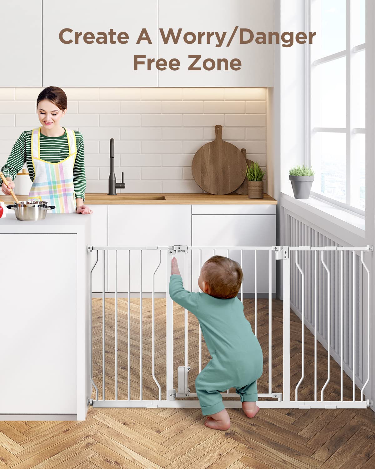 Ciays 29.5” to 57.1” Baby Gate for Stairs Doorways and House, 30” Height Extra Wide Auto-Close Safety Dog Gate for Pets with Secure Alarm, Pressure Mounted, White