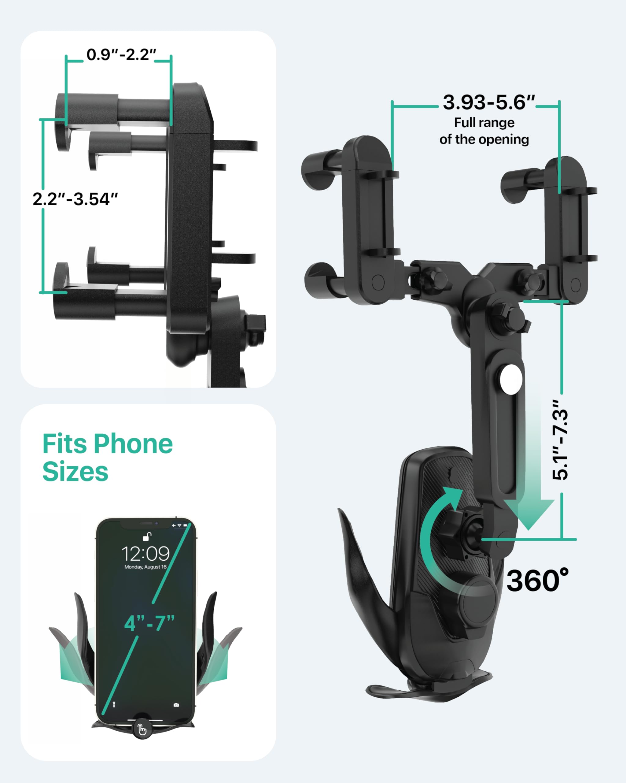 LoompaTech 2in1 Rear View Mirror Phone Holder + Wireless Car Charger 360 Rearview Mirror Phone Mount w/Automatic Clamping and Release, Rotatable & Retractable 15W Fast Wireless Charger for Car