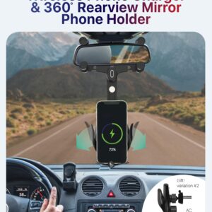 LoompaTech 2in1 Rear View Mirror Phone Holder + Wireless Car Charger 360 Rearview Mirror Phone Mount w/Automatic Clamping and Release, Rotatable & Retractable 15W Fast Wireless Charger for Car
