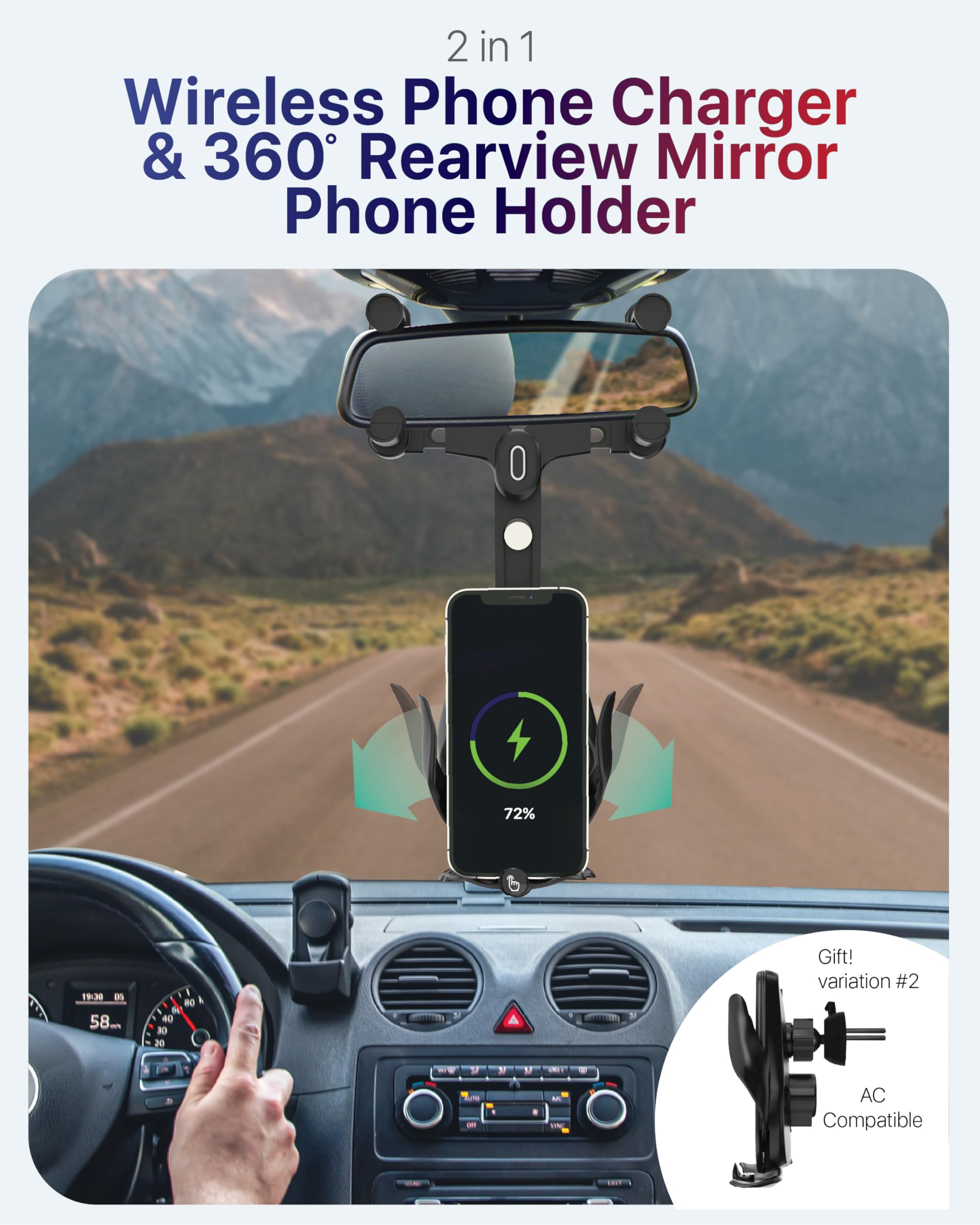 LoompaTech 2in1 Rear View Mirror Phone Holder + Wireless Car Charger 360 Rearview Mirror Phone Mount w/Automatic Clamping and Release, Rotatable & Retractable 15W Fast Wireless Charger for Car