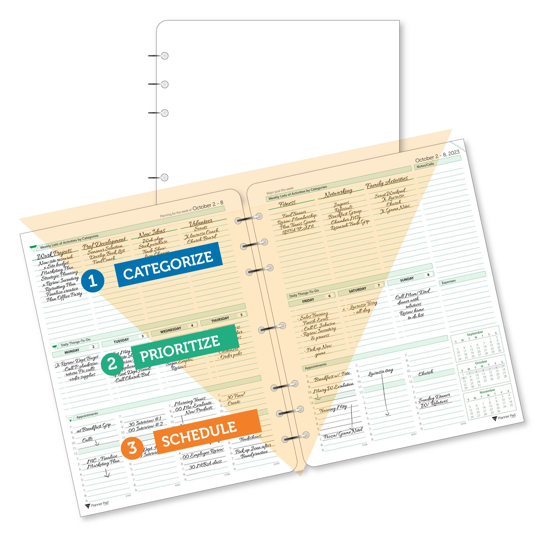 Planner Pad 7 Hole Loose Leaf 3-Tier Funnel Down 12 Month Organizer, Oct 1st Start (Oct 2023 - Sept 2024), Soft Green Ink, 8 1/2" x 11”