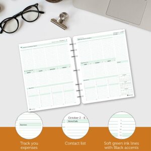 Planner Pad 7 Hole Loose Leaf 3-Tier Funnel Down 12 Month Organizer, Oct 1st Start (Oct 2023 - Sept 2024), Soft Green Ink, 8 1/2" x 11”