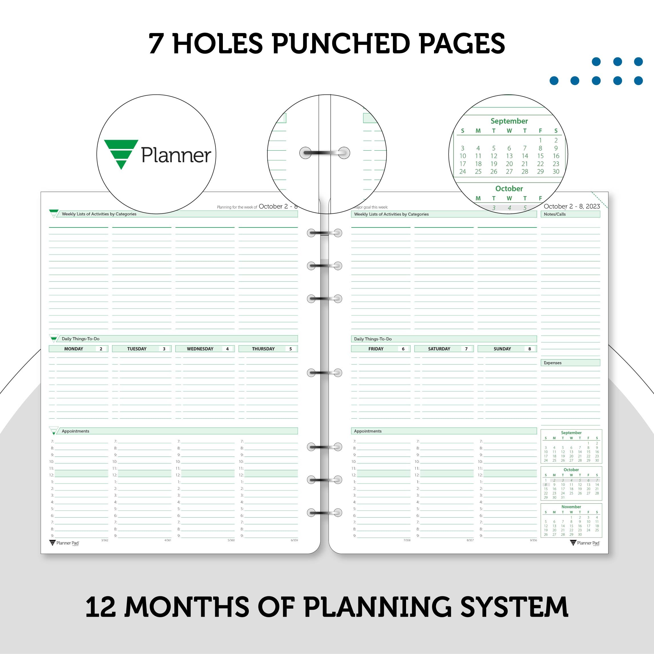 Planner Pad 7 Hole Loose Leaf 3-Tier Funnel Down 12 Month Organizer, Oct 1st Start (Oct 2023 - Sept 2024), Soft Green Ink, 8 1/2" x 11”