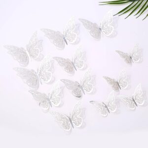3d butterfly wall decor 48 pcs 3 sizes,silver butterfly decorations for birthday decorations party decorations cake decorations, removable wall stickers room decor for kids nursery wedding decor decal