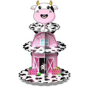 farm cow print cupcake stand 3 tier farm theme animal cup cake holder cow themed party decorations for baby shower birthday party supplies