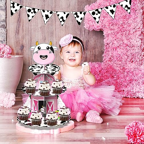 Farm Cow Print Cupcake Stand 3 Tier Farm Theme Animal Cup Cake Holder Cow Themed Party Decorations for Baby Shower Birthday Party Supplies