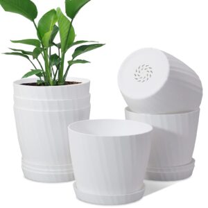 uouz 6'' plant pots bulk, 6 pack plastic planters with drainage holes and saucers for indoor outdoor house plants and flowers, white