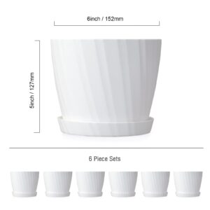 UOUZ 6'' Plant Pots Bulk, 6 Pack Plastic Planters with Drainage Holes and Saucers for Indoor Outdoor House Plants and Flowers, White