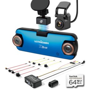 ultradash z3+ & r1 & hw1-b standard ver - front, telephoto and rear 3-channel 2k dash cam with 64gb sd card + advanced low-voltage power protection and timer hardwire kit bundle, for commute drivers