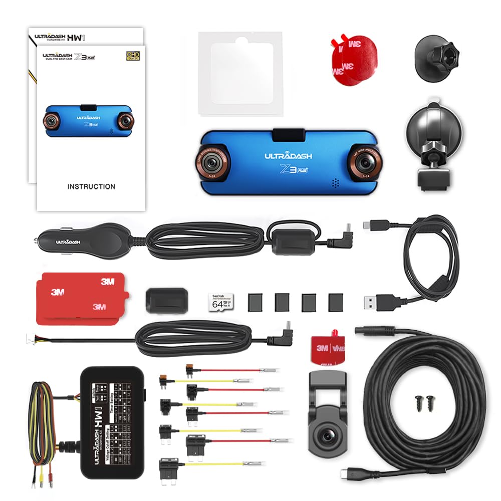 UltraDash Z3+ & R1 & HW1-B Standard ver - Front, Telephoto and Rear 3-Channel 2K Dash Cam with 64GB SD Card + Advanced Low-Voltage Power Protection and Timer Hardwire Kit Bundle, for Commute Drivers