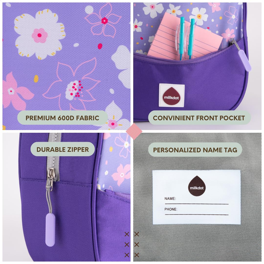 Milkdot Designer Mini Backpack, Purple, Perfect for Women, Men, Boys, Girls, Stylish for kids ages 3+ (Flower)