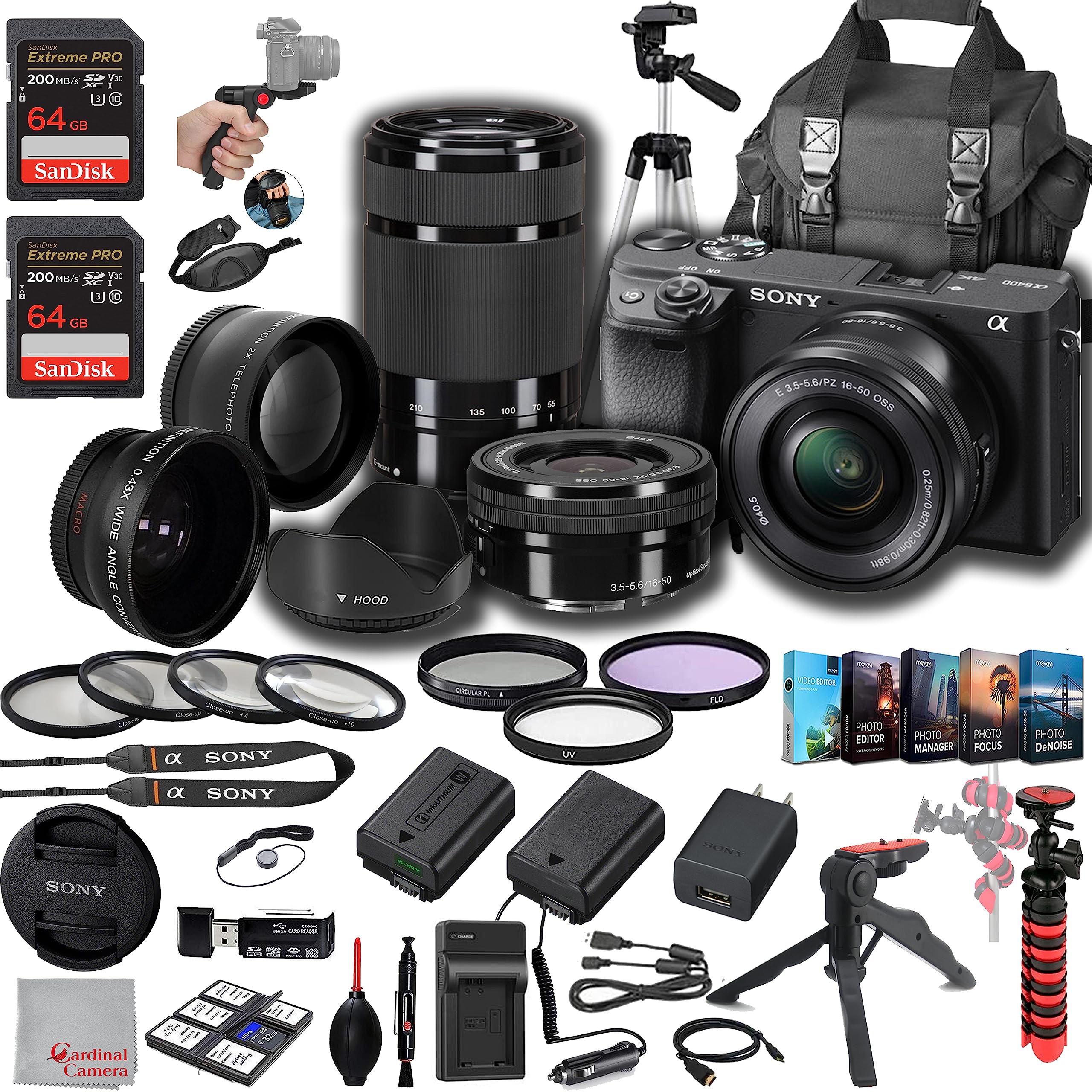 Sony a6400 Mirrorless Camera with 16-50mm + 55-210mm Lenses, 128GB Extreem Memory,.43 Wide Angle & 2X Lenses, Case. Tripod, Filters, Hood, Spare Battery & Charger, Editing Software Kit -Deluxe Bundle