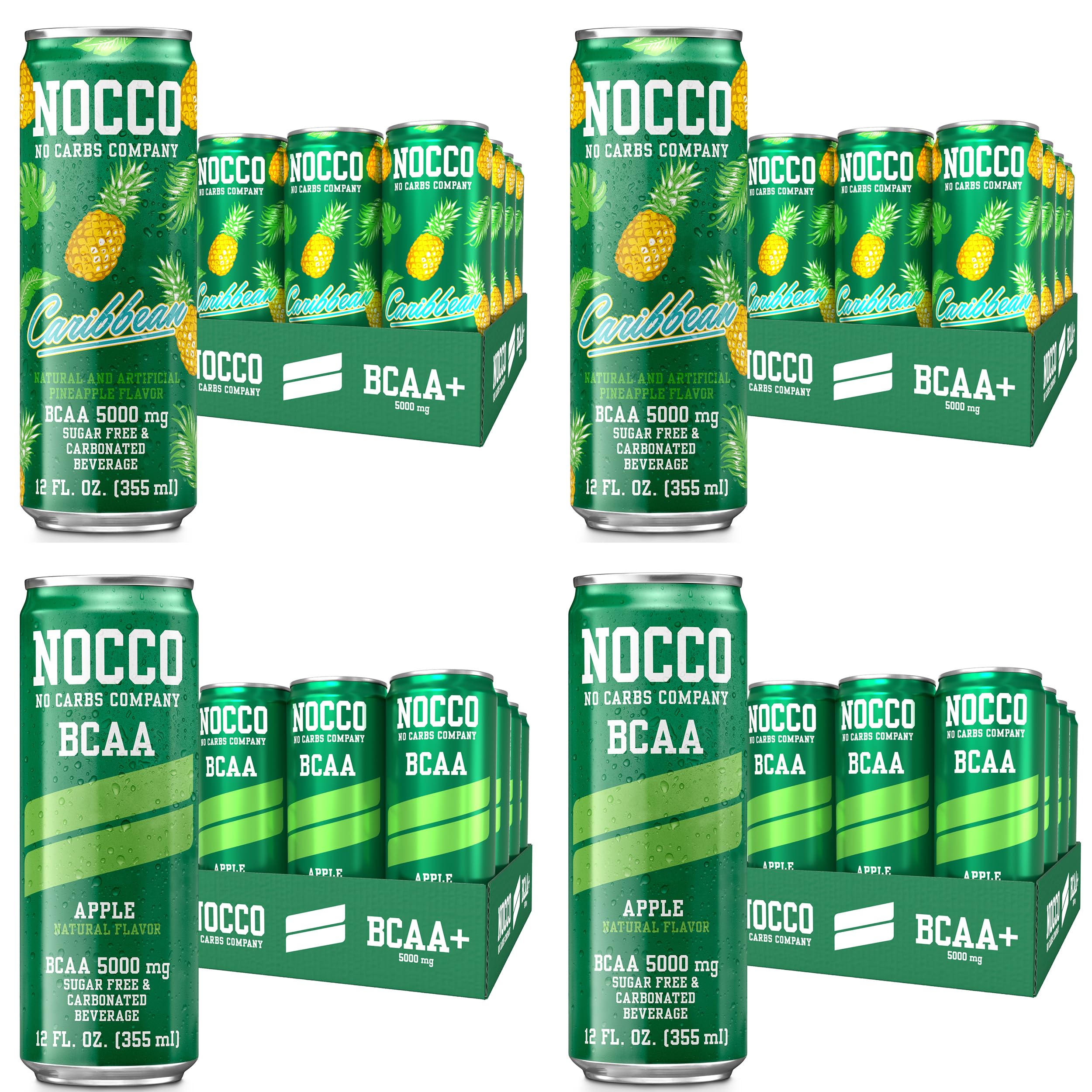 NOCCO BCAA Apple & Caribbean Pineapple Decaf Pack - 12 Count (Pack of 48) - 0mg of Caffeine, 5000mg of BCAAs - Sugar Free & Carbonated Drink - Vitamin B6, B12, & Biotin - Grab & Go Performance Drink