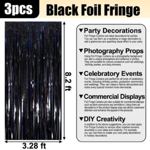 3 Pack Black Foil Fringe Curtain Backdrop, 3.28Ft x 8.2Ft Metallic Tinsel Foil Fringe Streamer Curtains for Photo Booth, Valentine's Day, Birthday, Wedding, New Year Party Decorations