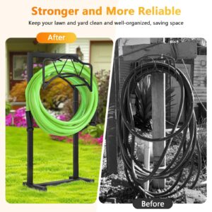 Garden Hose Holder Freestanding Outdoor - Heavy Duty Water Hose Holders for Outside,Metal Hose Stand with 4 Spikers,Hose Hanger Free Standing,Hose Storage for Outside,Holds 150-feet Hose,Black