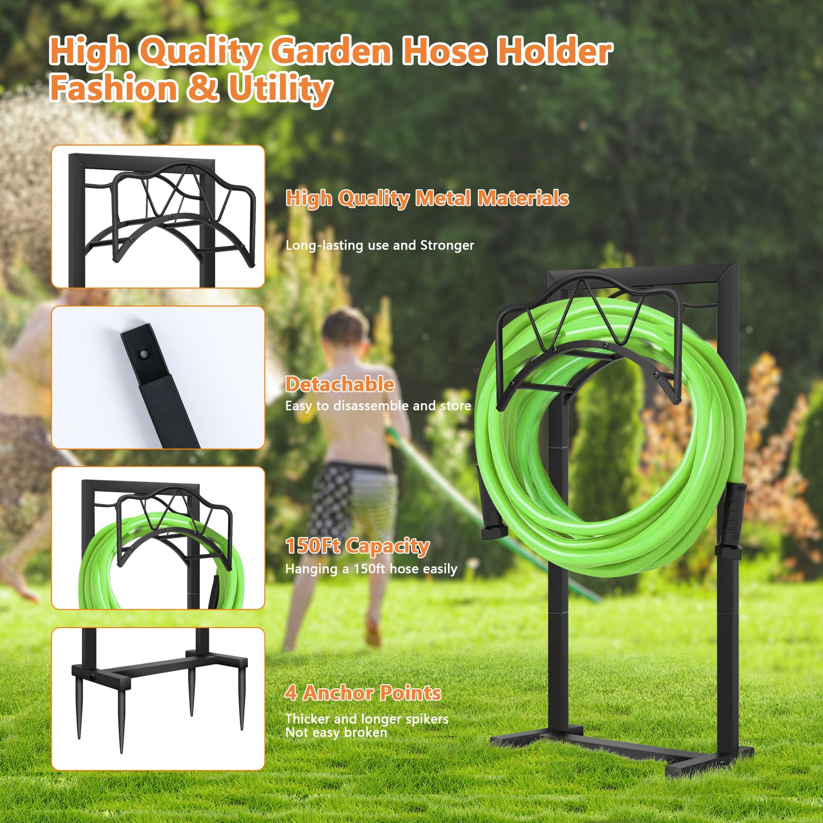 Garden Hose Holder Freestanding Outdoor - Heavy Duty Water Hose Holders for Outside,Metal Hose Stand with 4 Spikers,Hose Hanger Free Standing,Hose Storage for Outside,Holds 150-feet Hose,Black