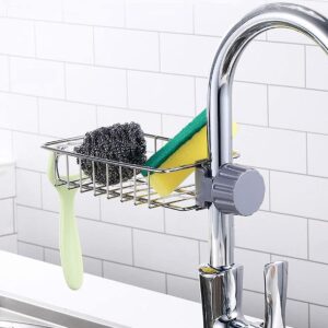 Kitchen Sink Caddy Organizer Over Faucet Sponge Holder, Stainless Steel Heavy Duty Thickening Hanging Faucet Drain Rack for Scrubbers, Soap, Bathroom, Detachable No Suction Cup or Magnet (Faucet Rack)