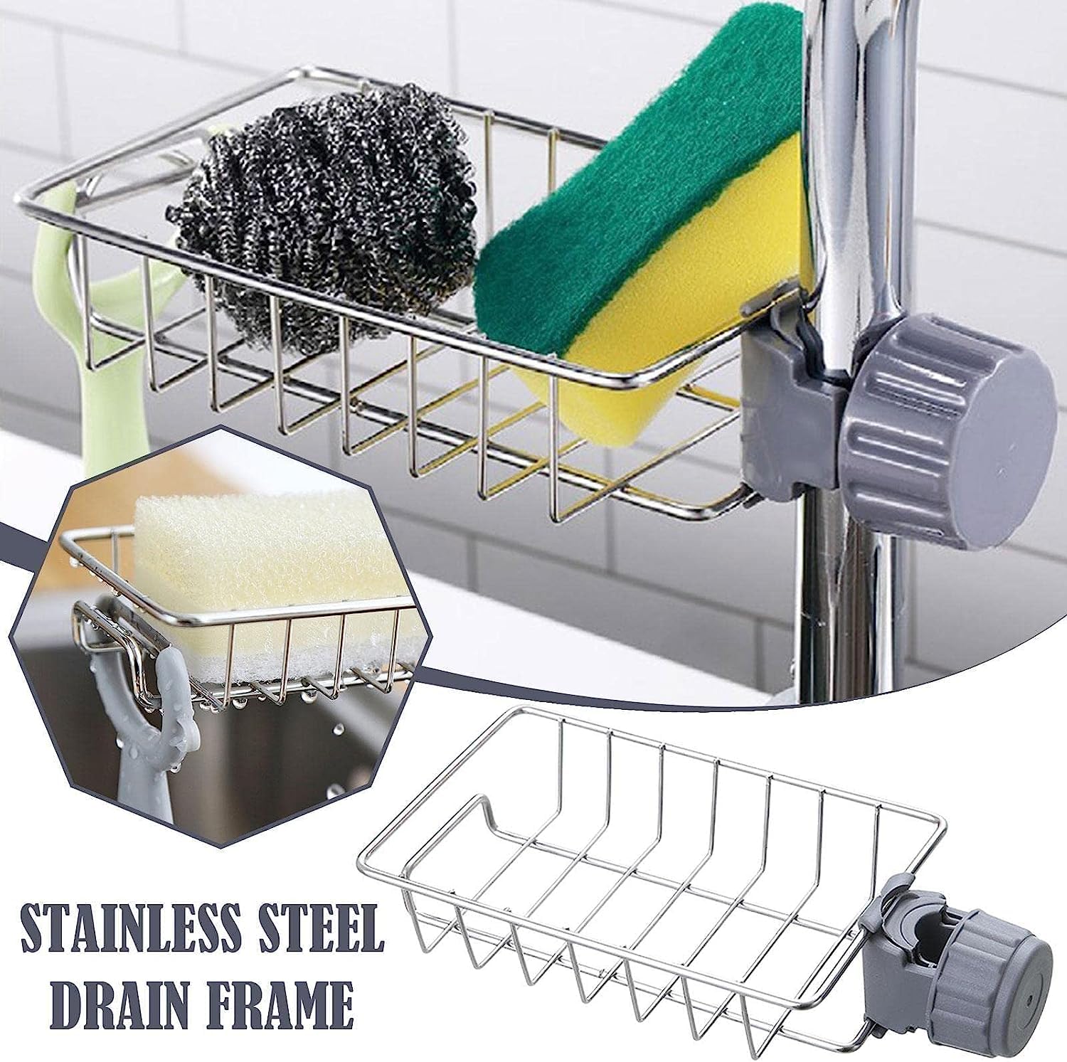 Kitchen Sink Caddy Organizer Over Faucet Sponge Holder, Stainless Steel Heavy Duty Thickening Hanging Faucet Drain Rack for Scrubbers, Soap, Bathroom, Detachable No Suction Cup or Magnet (Faucet Rack)