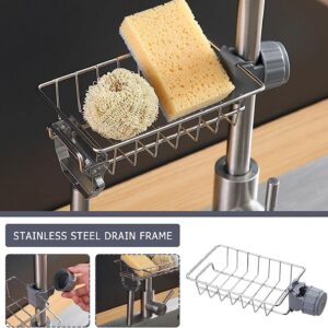 Kitchen Sink Caddy Organizer Over Faucet Sponge Holder, Stainless Steel Heavy Duty Thickening Hanging Faucet Drain Rack for Scrubbers, Soap, Bathroom, Detachable No Suction Cup or Magnet (Faucet Rack)