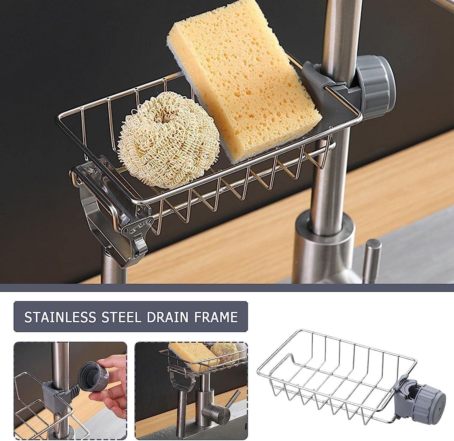 Kitchen Sink Caddy Organizer Over Faucet Sponge Holder, Stainless Steel Heavy Duty Thickening Hanging Faucet Drain Rack for Scrubbers, Soap, Bathroom, Detachable No Suction Cup or Magnet (Faucet Rack)