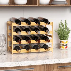 Ruichang Wine Rack Sturdy Wine Countertop - Bamboo Wine Bottle Holder Wine Storage Racks Counter Wine Stand Inserts for Cabinet Free Standing Floor Table Wine Organizer (4-Tier, 16 Bottle Capacity)