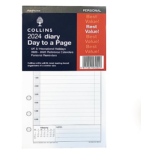 Collins 2024 Dayplanner Organiser Diary Organiser Refill Pad - Personal - Day a Page with Appointments - 2024 Daily Planner Refill