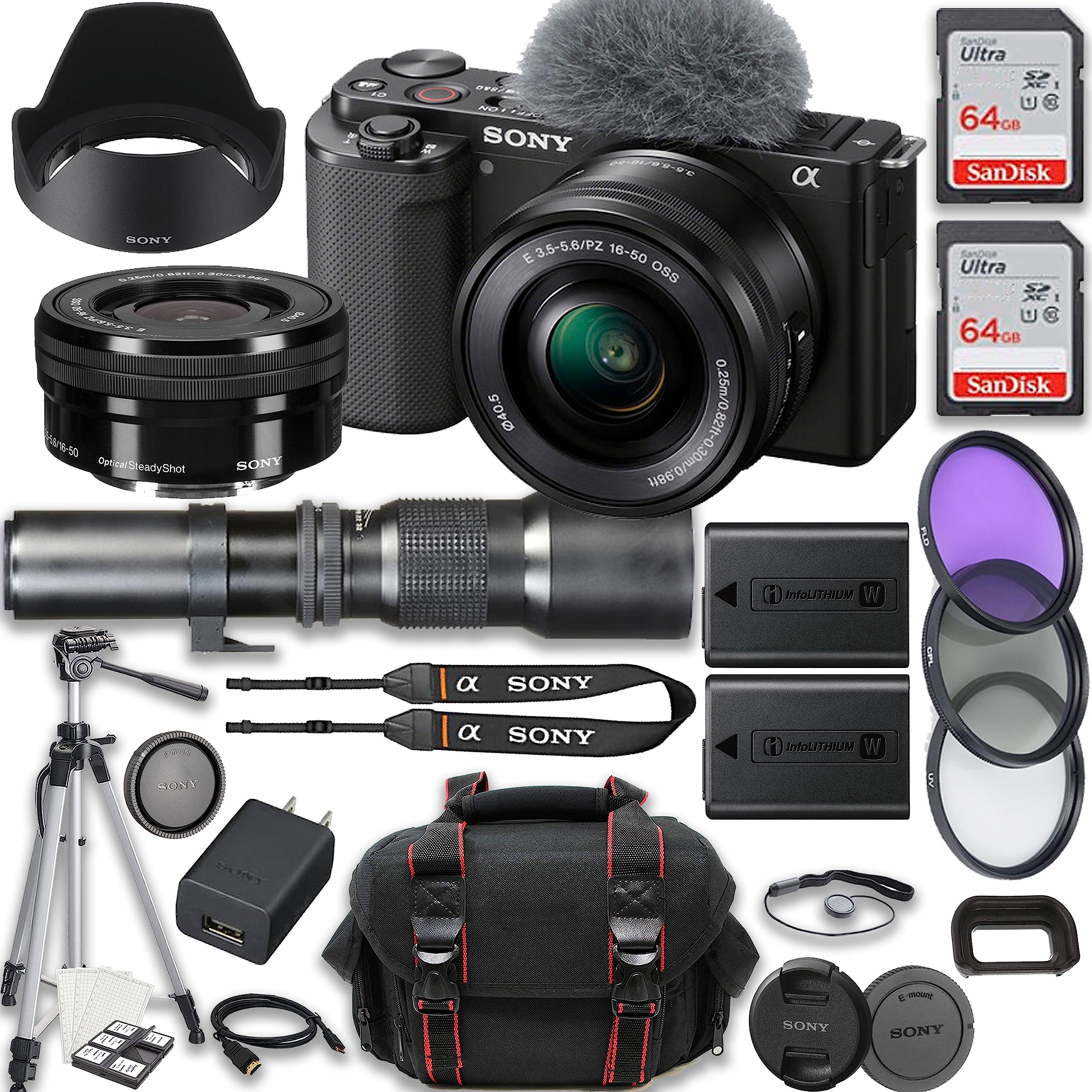 Sony ZV-E10 Mirrorless Camera E PZ 16-50mm f/3.5-5.6 OSS Lens + 500mm f/8 Focus Lenses + 2X 64GB Memory + Case + Tripod & More (25pc Bundle)