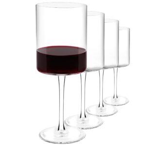 g francis square wine glasses set of 4 - unique 16oz flat bottom wine glasses with stem - handmade cylinder stemware for red or white wine - modern bar drinkware for entertaining